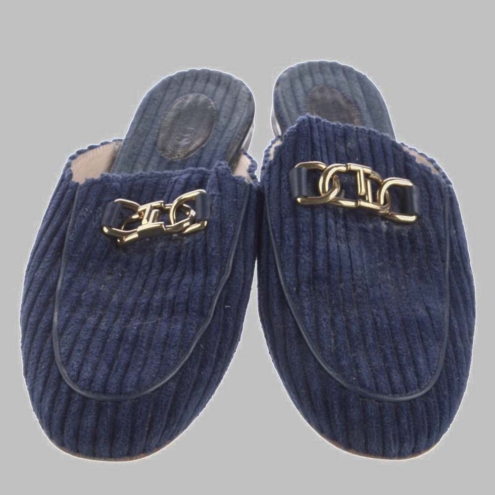 Tod’s Navy Blue Corduroy Mules with Gold Chain Accent